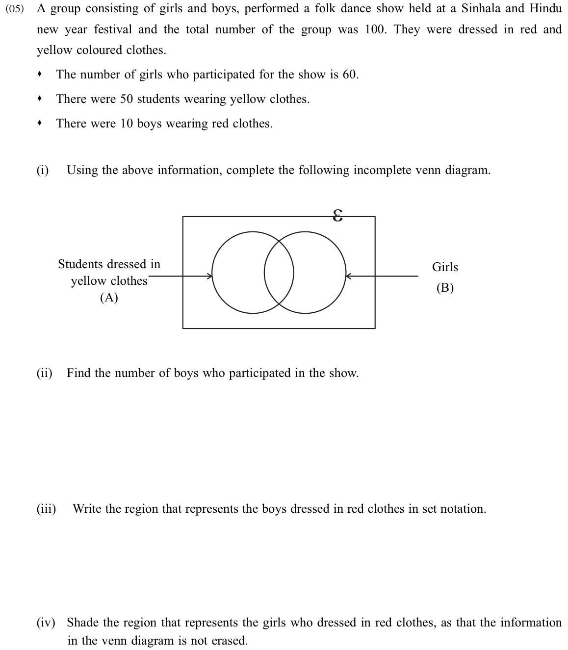 Paper I Part B Q5: Venn diagram of dancers by gender and colour; set notation