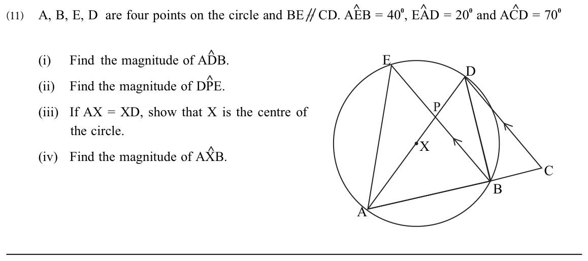 Paper II Part B Q11: Angles in a circle with a parallel chord; locate the centre