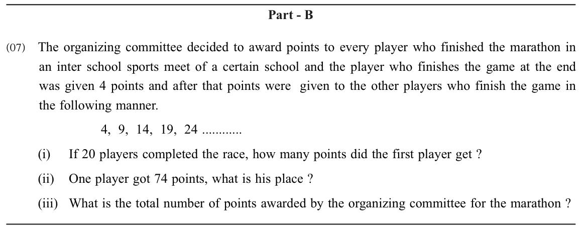 Paper II Part B Q7: AP of marathon points: first place points, position, total