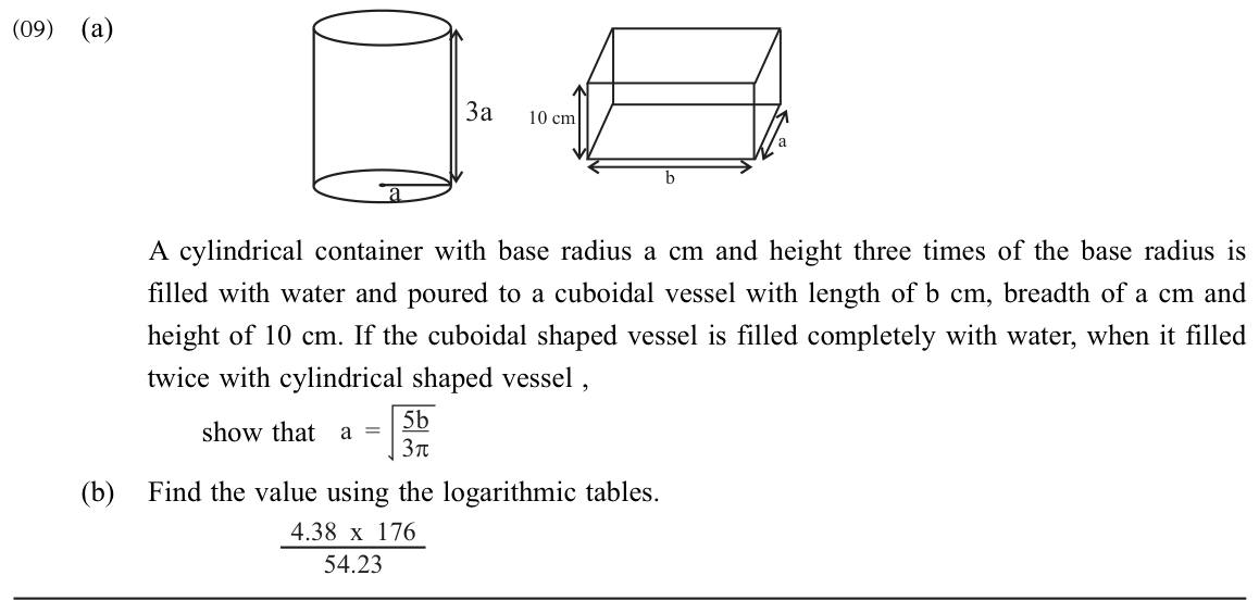 Paper II Part B Q9: Cylinder poured into a cuboid gives a formula; log table evaluation