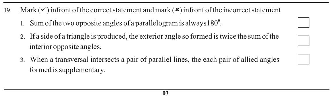 Paper I Part A Q19: True or false on parallelogram, exterior angle and allied angle facts
