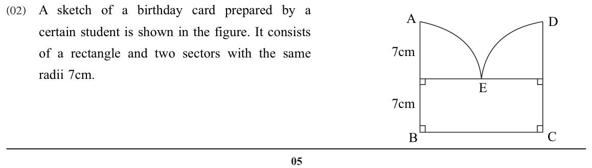 Paper I Part B Q2: Card made of a rectangle and two sectors: arc, area, perimeter, ratio