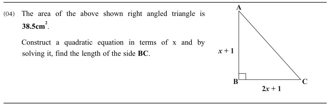Paper II Part A Q4: Quadratic equation from a right triangle's area; find a side