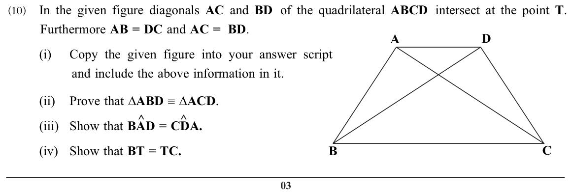 Paper II Part B Q10: Congruent triangles in a quadrilateral with equal diagonals; equal segments