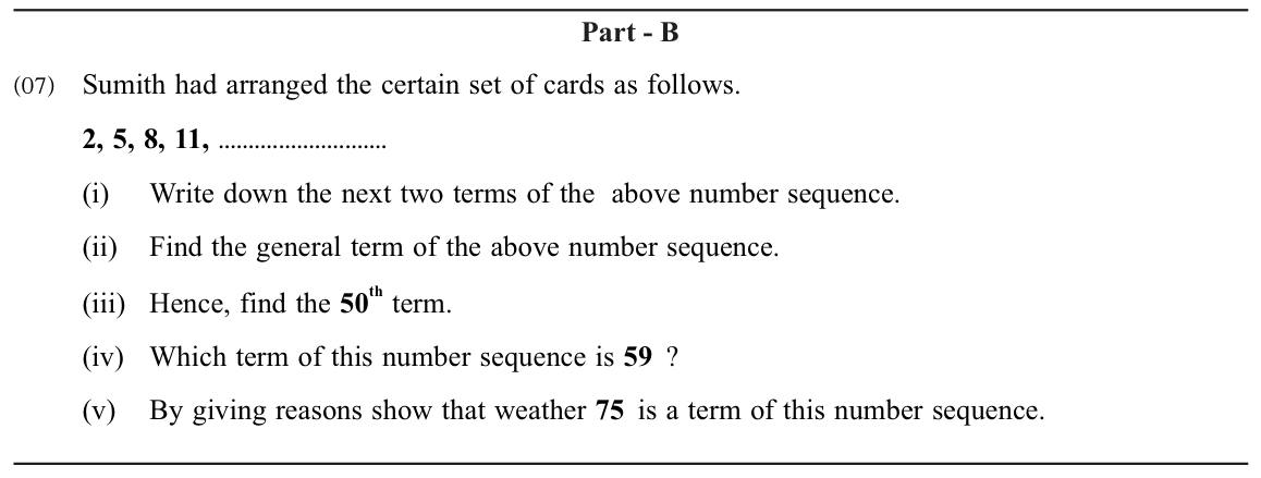 Paper II Part B Q7: Arithmetic progression: next terms, general term, term number, membership test