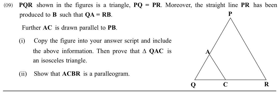 Paper II Part B Q9: Prove a triangle isosceles and a quadrilateral a parallelogram