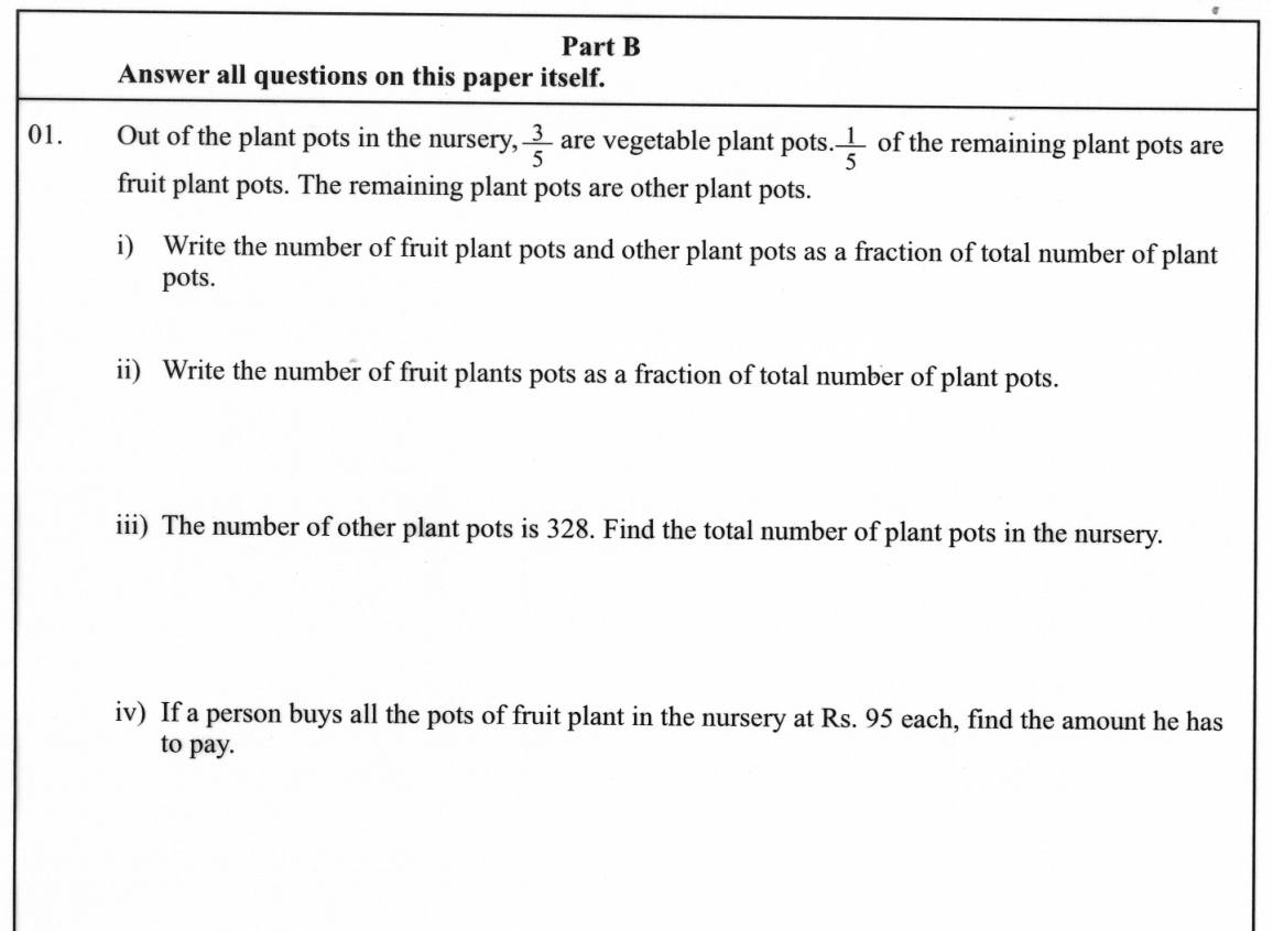 Paper I Part B Q1: Fractions of plant pots, total number and cost of fruit pots