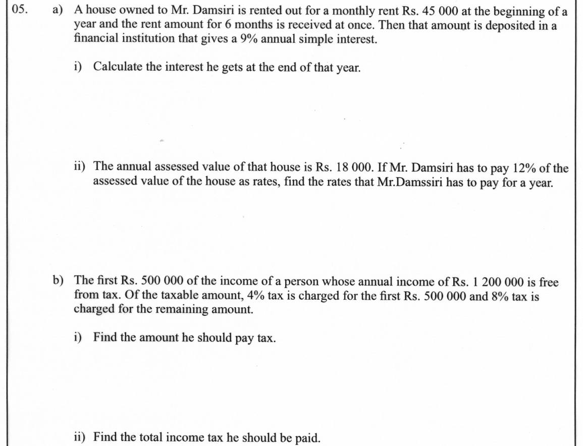 Paper I Part B Q5: Simple interest on rent, rates on a house, income tax