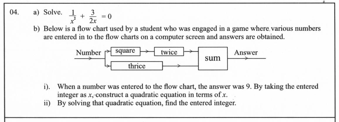 Paper II Part A Q4: Equation with algebraic fractions; quadratic from a flow chart