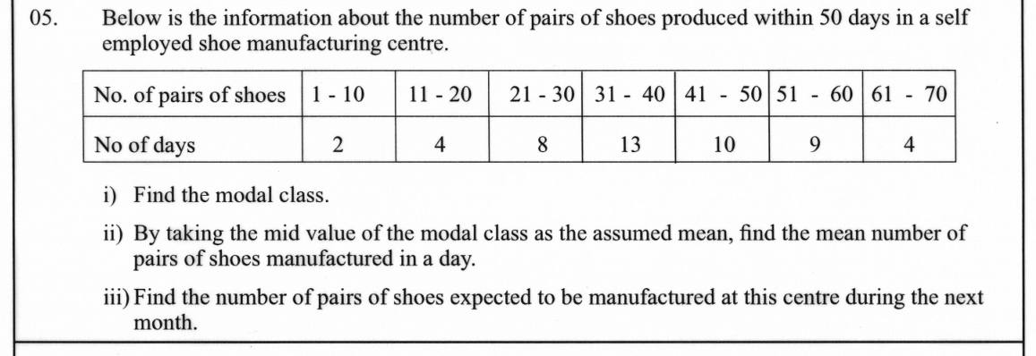 Paper II Part A Q5: Grouped data: modal class, mean by assumed mean, monthly estimate