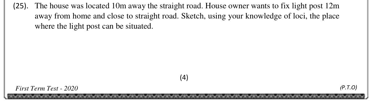 Paper I Part A Q25: Sketch loci for a point at set distances from a road and a house