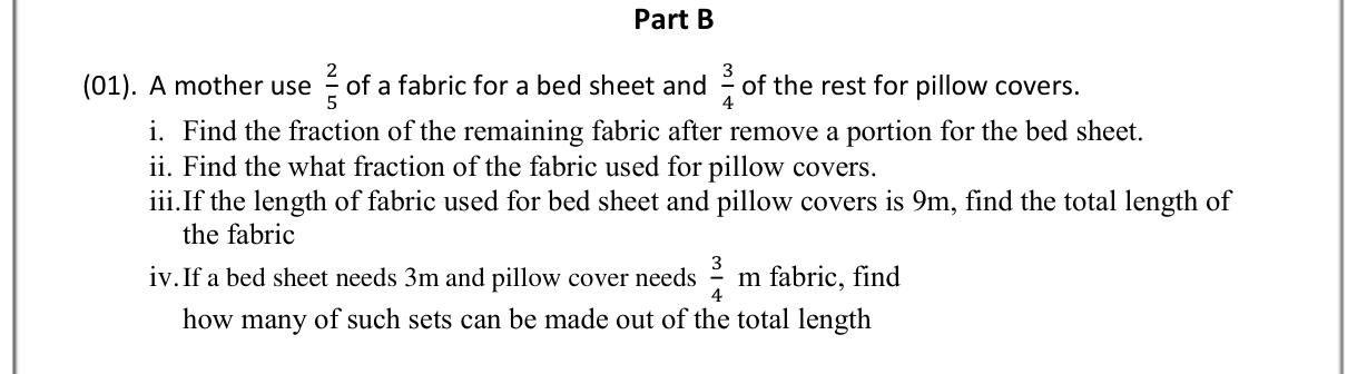 Paper I Part B Q1: Successive fractions of fabric; total length and number of sets