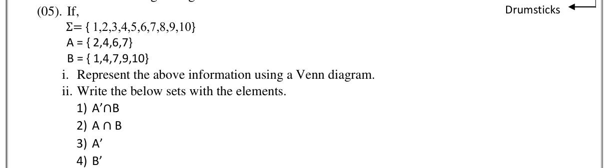 Paper I Part B Q5: Venn diagram from listed sets; complements and intersections