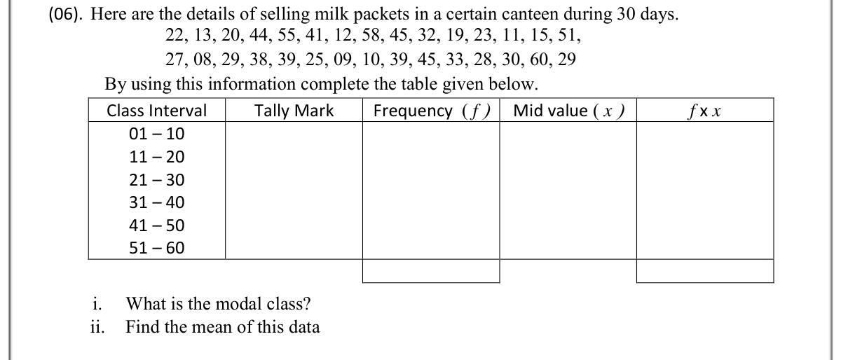 Paper II Part A Q6: Grouped frequency table, modal class and mean