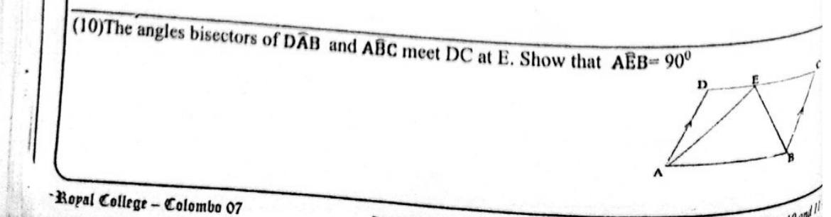 Paper I Part A Q10: Angle bisectors in a parallelogram meet at a right angle