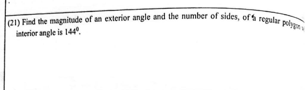 Paper I Part A Q21: Exterior angle and sides of a regular polygon