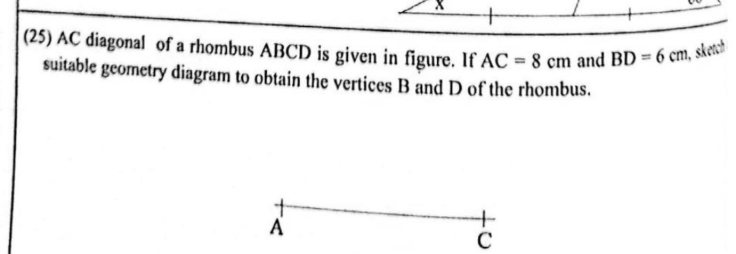 Paper I Part A Q25: Locate rhombus vertices from its diagonals by construction