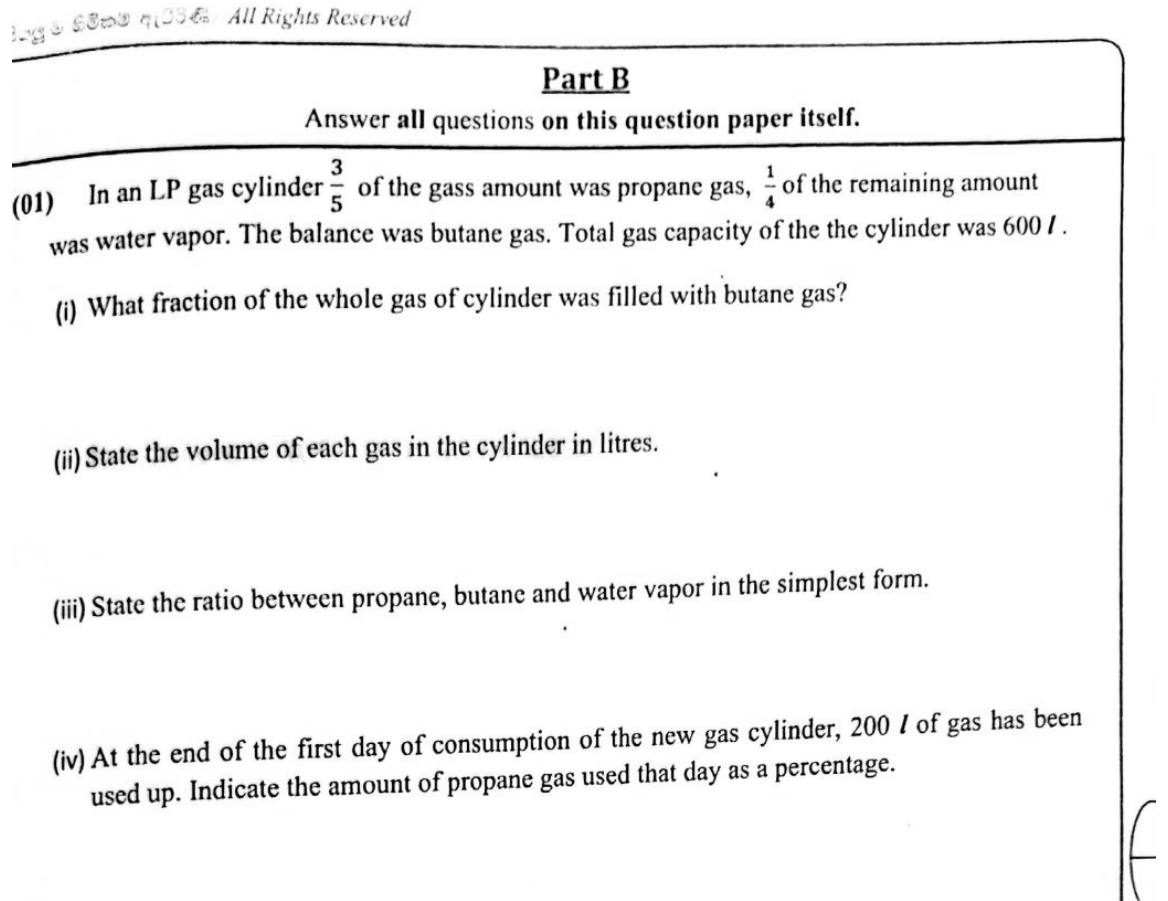 Paper I Part B Q1: Fractions of gases in a cylinder: volumes, ratio, percentage