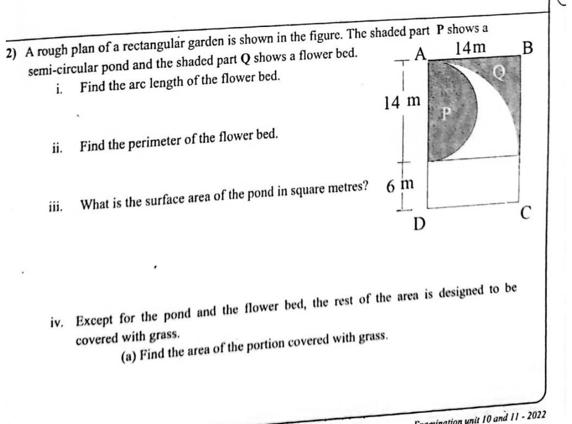 Paper I Part B Q2: Garden plan with sectors: arc, perimeter, areas, cost