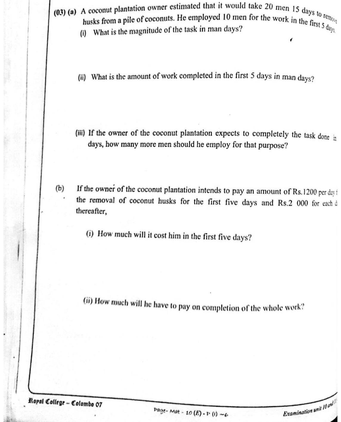 Paper I Part B Q3: Man-days for husking coconuts and the wage cost
