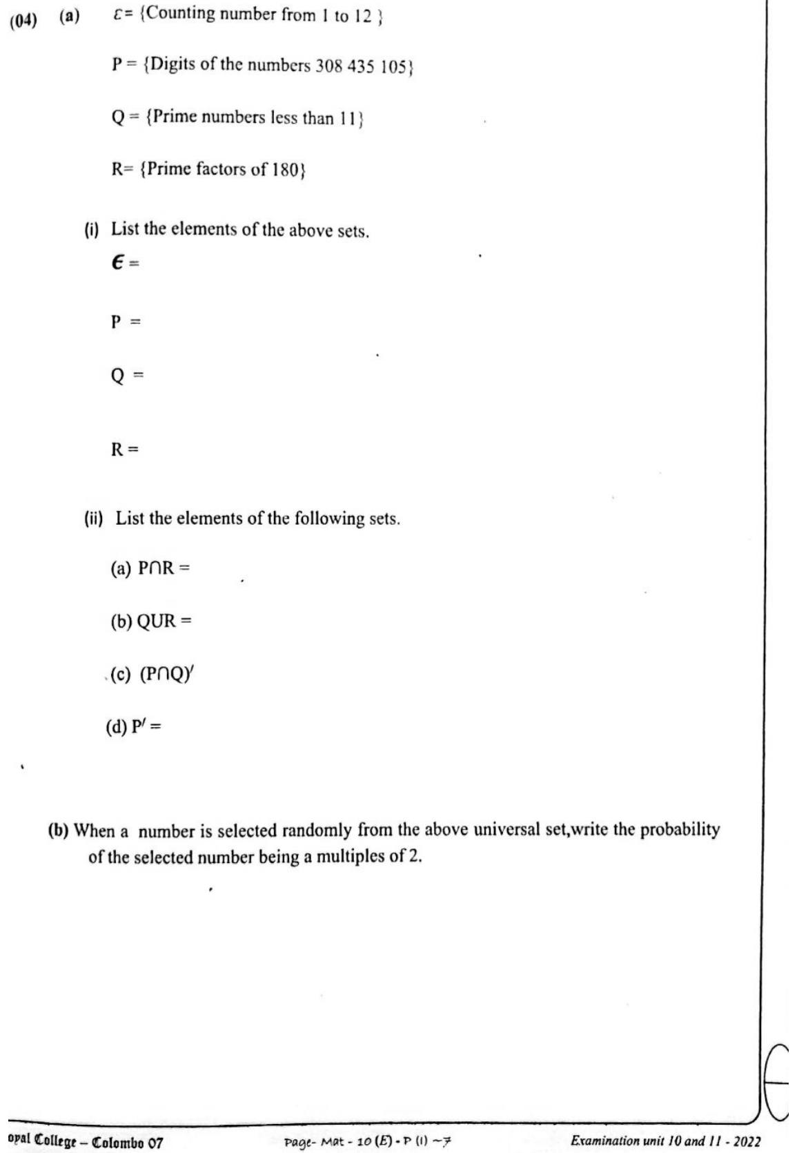 Paper I Part B Q4: List sets, find intersections, unions, complements, a probability