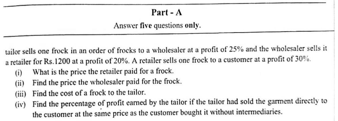 Paper II Part A Q1: Chain of profits from tailor to customer; tailor's profit percent