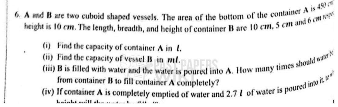 Paper II Part A Q6: Capacities of cuboid containers and water height