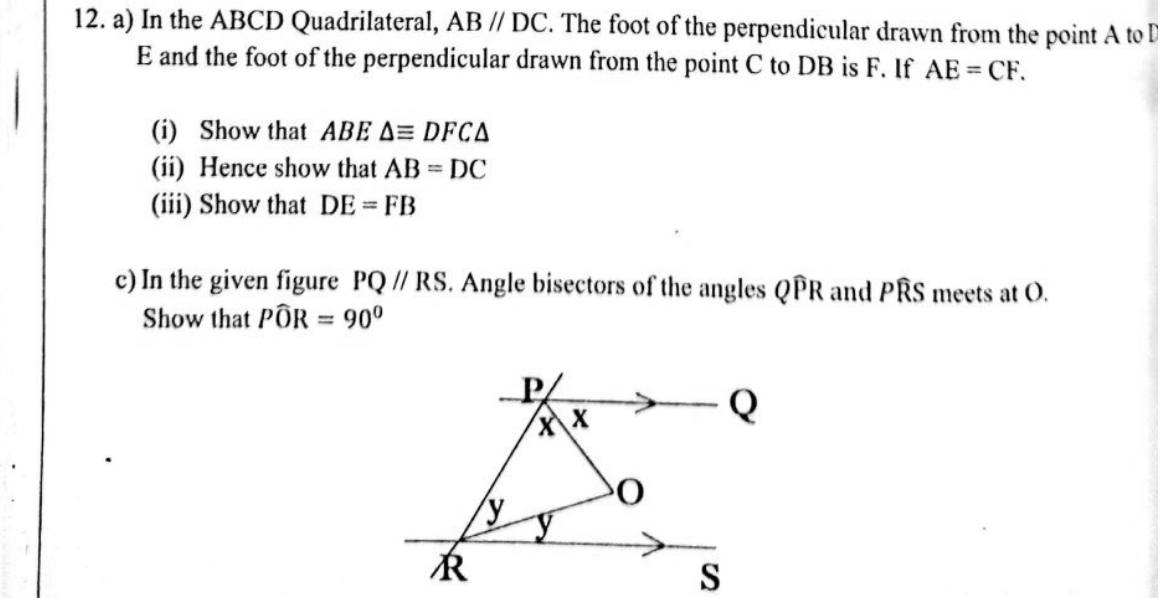 Paper II Part B Q12: Congruent triangles in a trapezium; bisectors between parallels meet at 90°