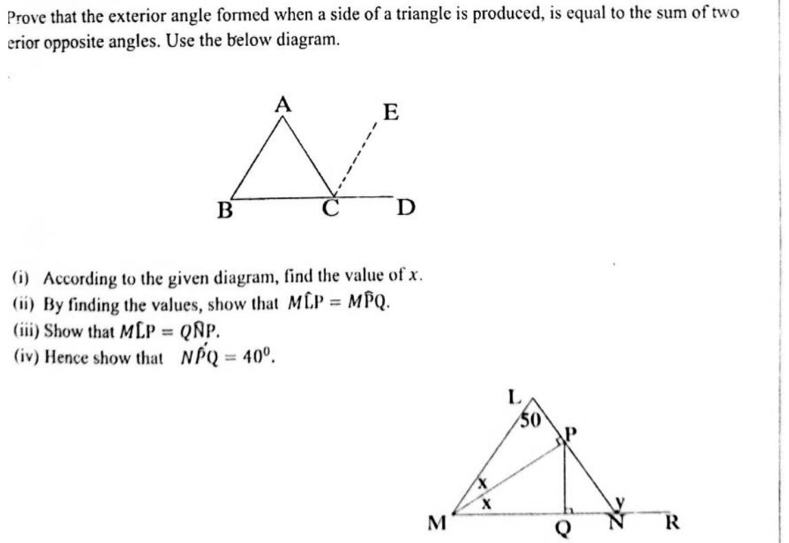 Paper II Part B Q9: Prove the exterior angle theorem; angle chase with a bisector