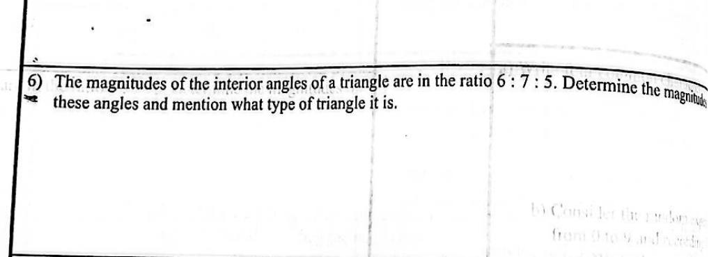 Paper I Part A Q6: Triangle angles from a ratio; classify the triangle