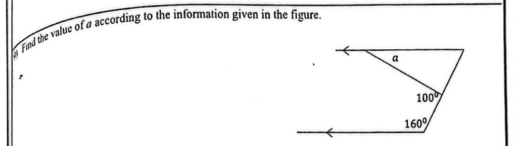 Paper I Part A Q9: Angle between parallel lines using co-interior and exterior angles