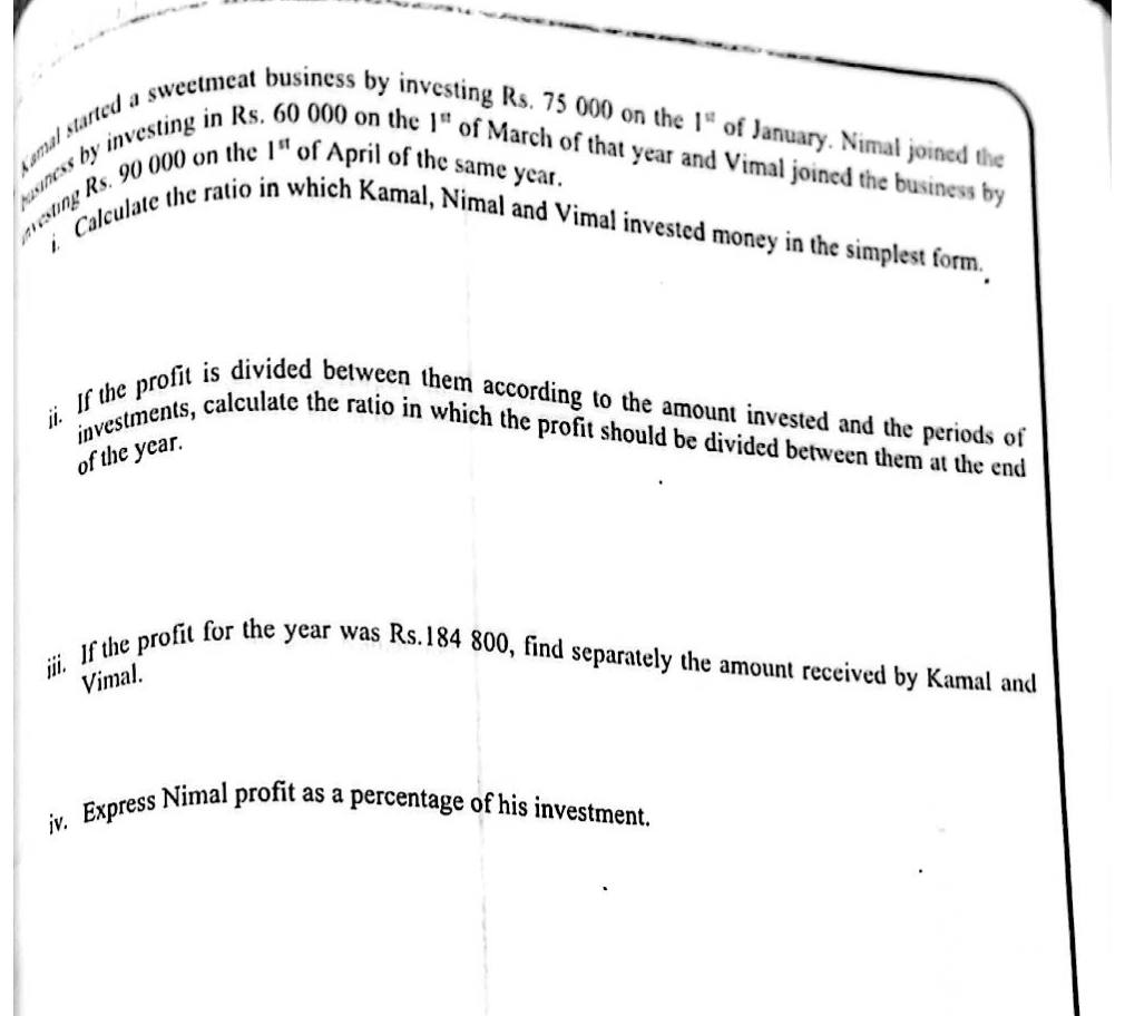 Paper I Part B Q3: Partnership: investment ratio, profit shares by time, profit percentage