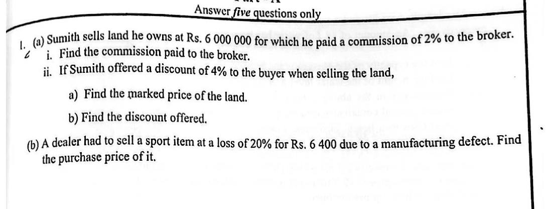 Paper II Part A Q1: Broker commission, marked price after discount, cost price from a loss