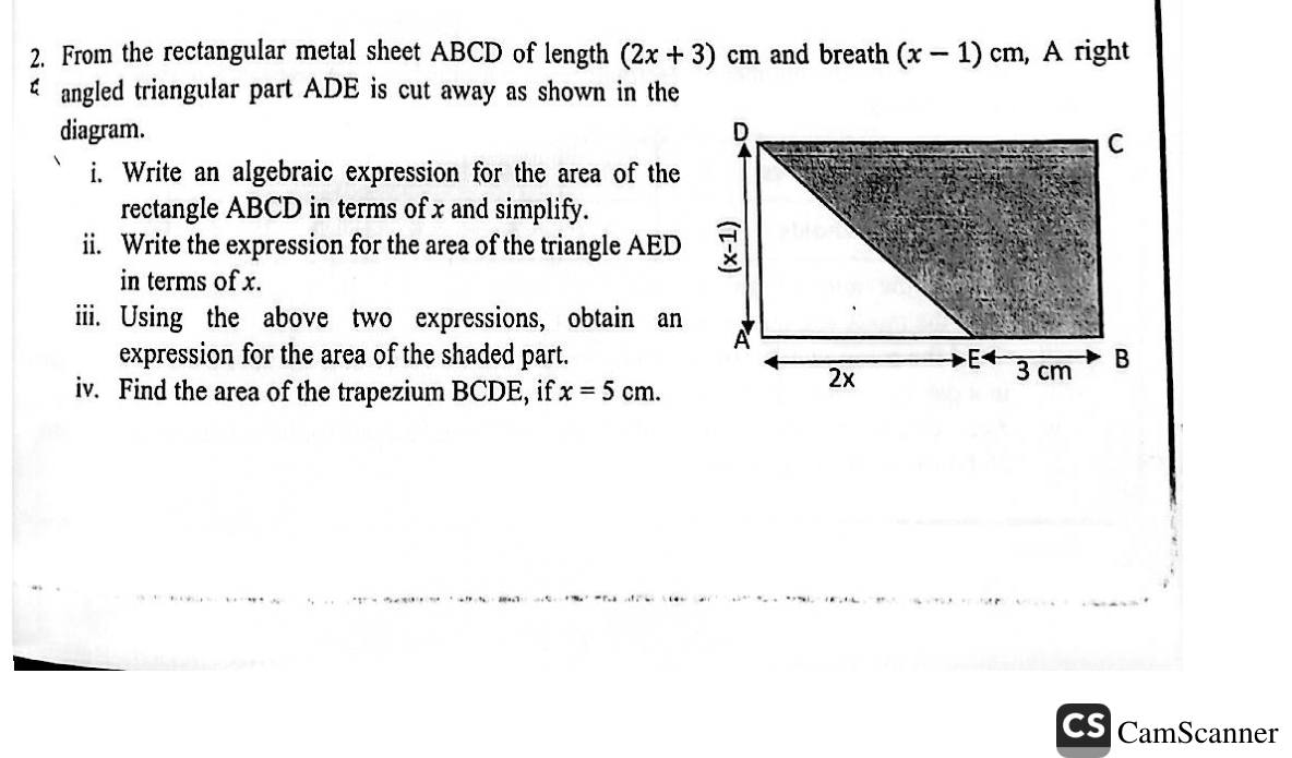 Paper II Part A Q2: Algebraic areas of a rectangle, triangle and trapezium