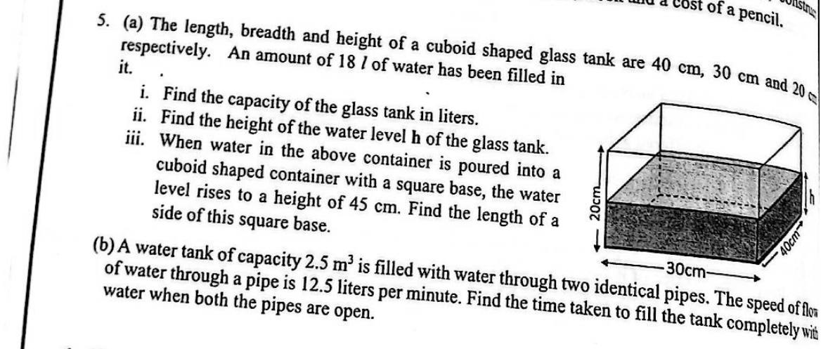 Paper II Part A Q5: Tank capacity, water height, square base side; filling time