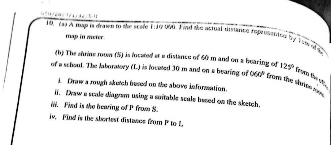 Paper II Part B Q10: Map scale; bearings sketch and scale drawing for a distance