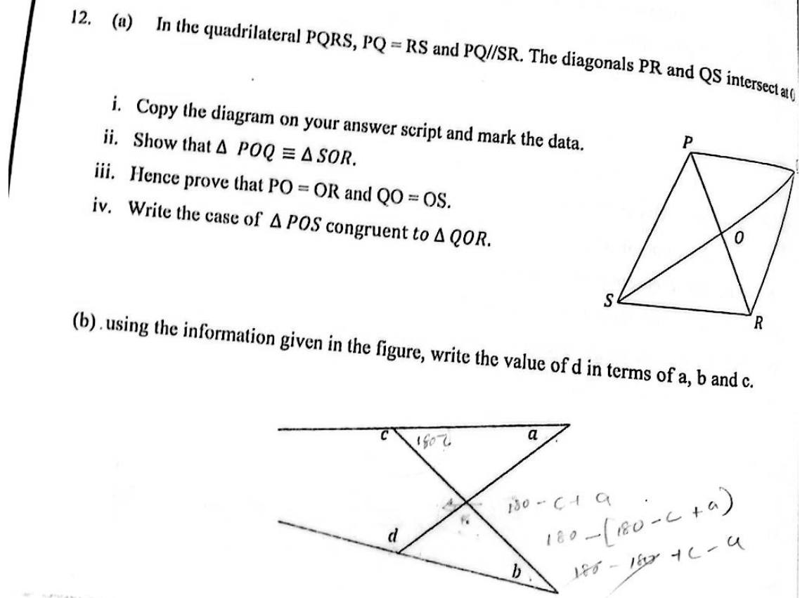 Paper II Part B Q12: Congruent triangles from equal parallel sides; angle expression by exterior angles