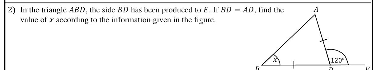 Paper I Part A Q2: Exterior angle of an isosceles triangle gives a base angle