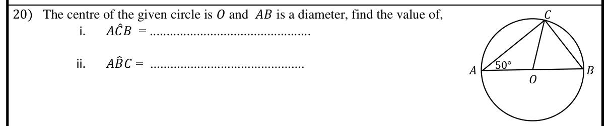 Paper I Part A Q20: Angle in a semicircle and the remaining angle of the triangle