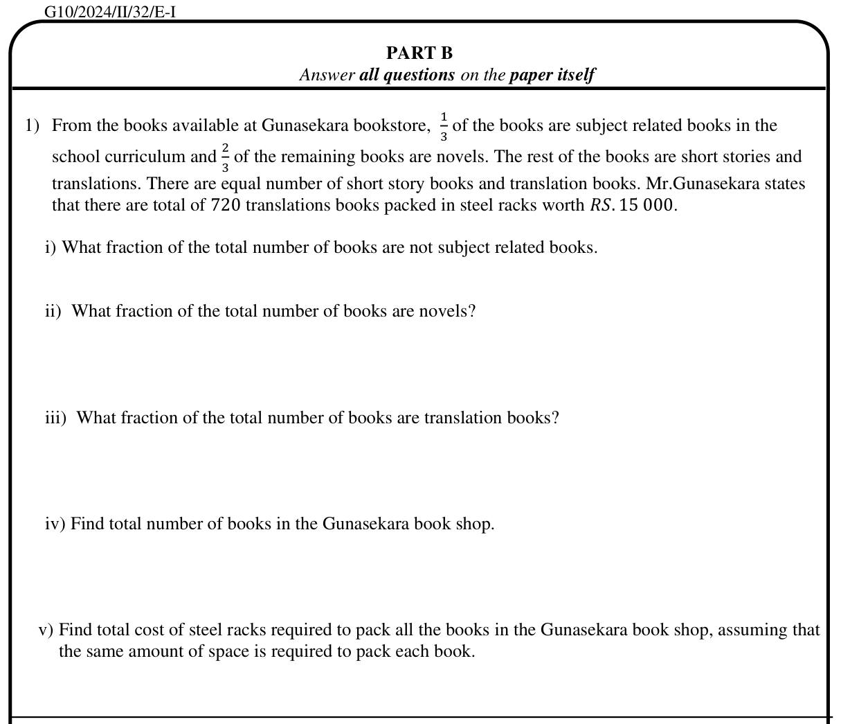 Paper I Part B Q1: Fractions of a bookshop's stock, total books and rack cost