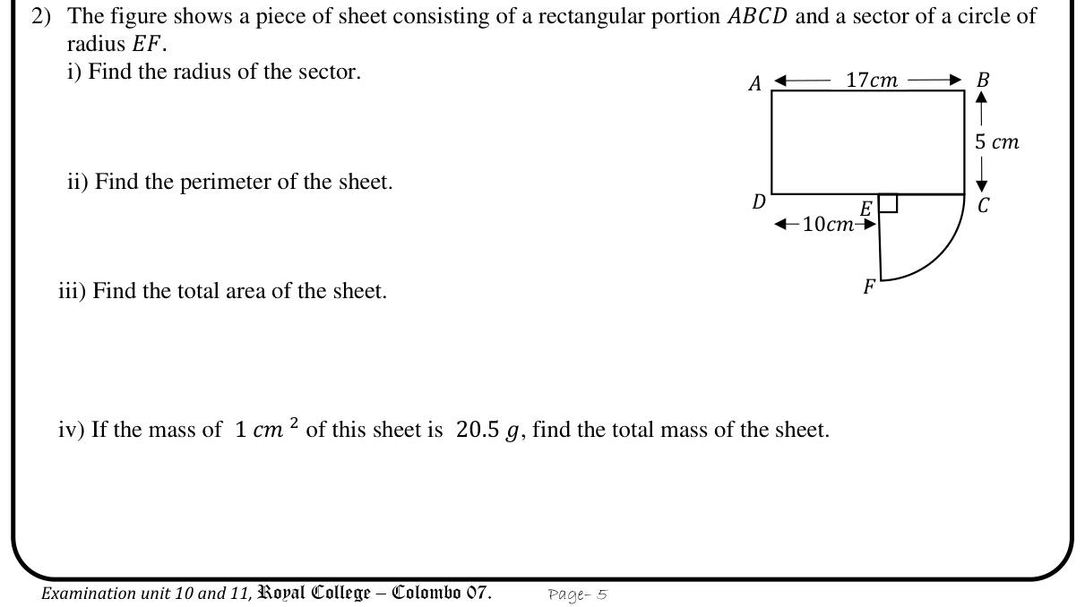 Paper I Part B Q2: Rectangle with a quarter-circle attached: perimeter, area, mass