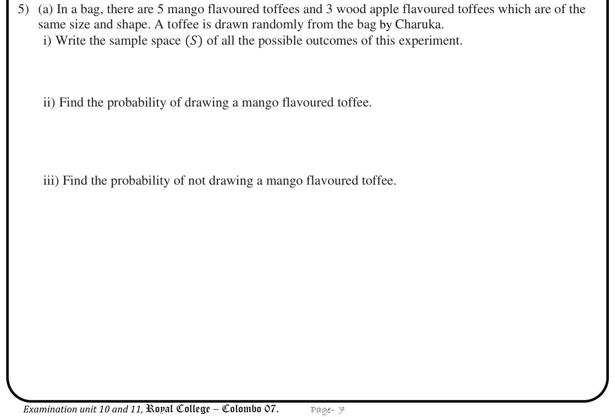 Paper I Part B Q5: Sample space and probabilities for toffees; sets of letters with union, intersection