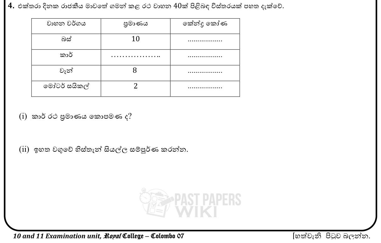 Paper I Part B Q4: Complete a pie chart table for vehicles; total fines from a percentage