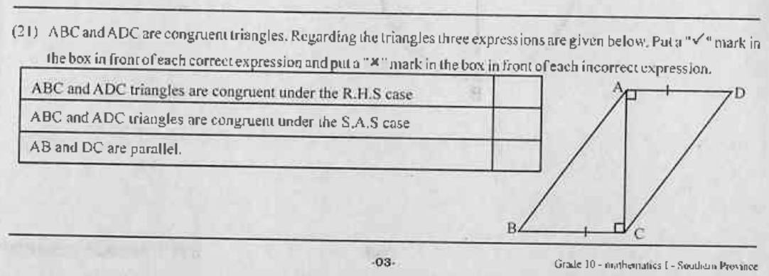 Paper I Part A Q21: Judge statements about congruency cases and parallel sides