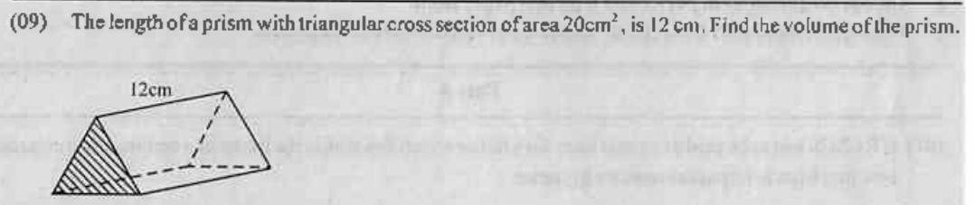 Paper I Part A Q9: Volume of a triangular prism from cross-section area and length