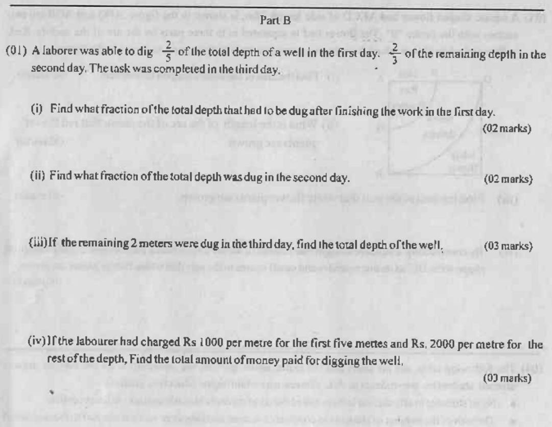 Paper I Part B Q1: Fractions of a well dug over three days; total depth and cost