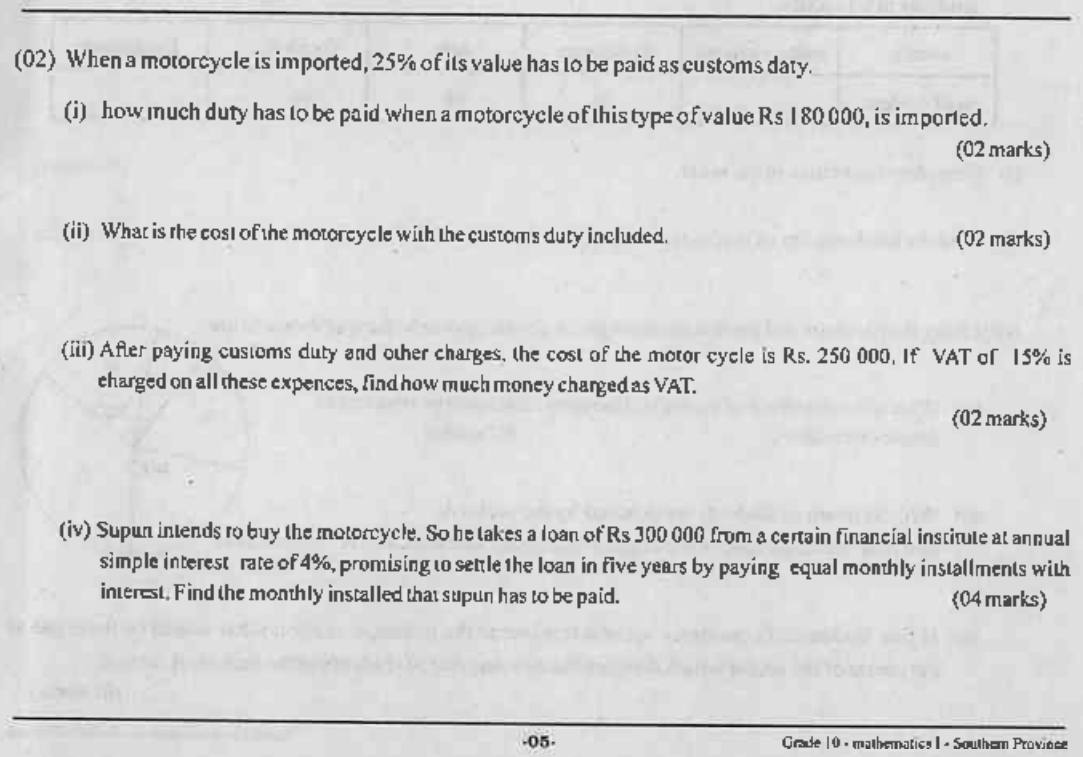 Paper I Part B Q2: Customs duty, VAT and monthly instalment on a loan