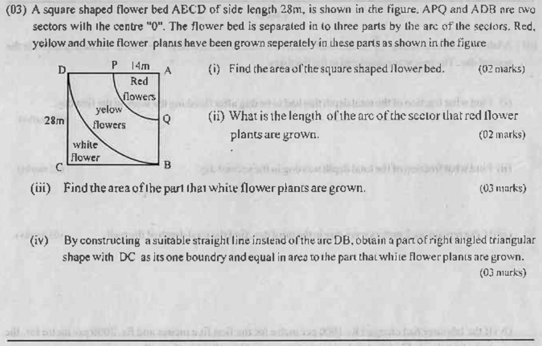 Paper I Part B Q3: Square flower bed with sectors: arc, area, equal-area triangle