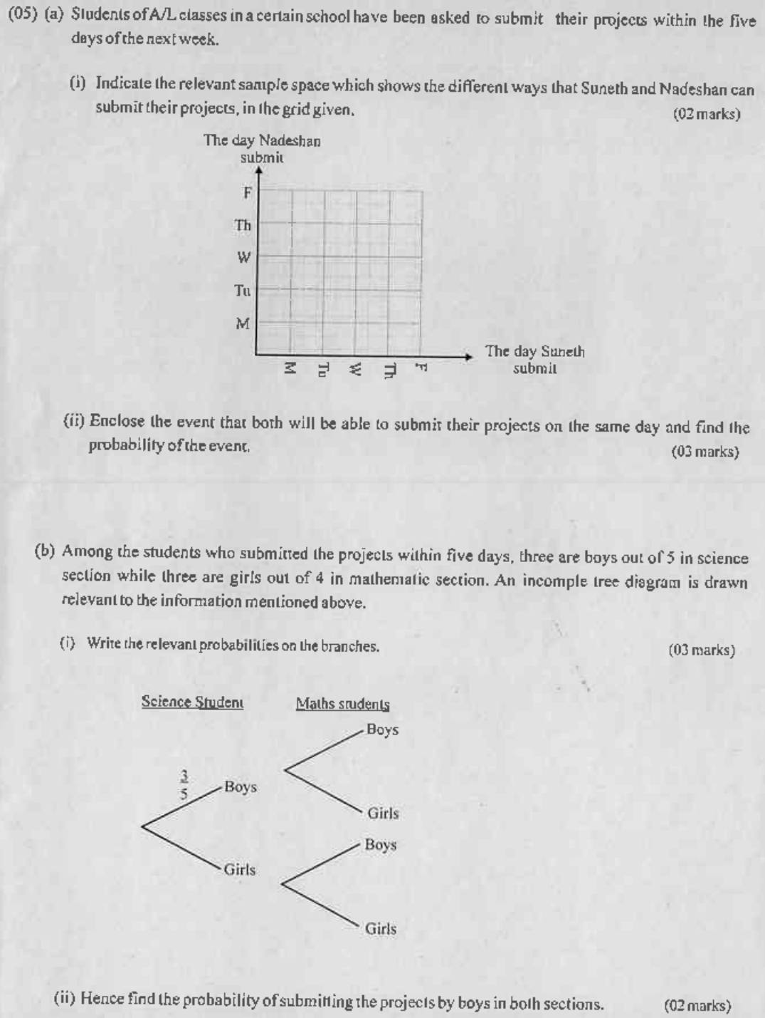 Paper I Part B Q5: Sample space on a grid and a tree diagram for two sections