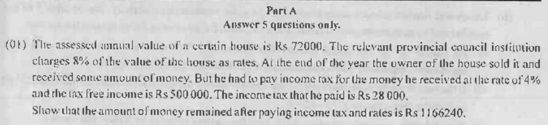 Paper II Part A Q1: Show money left after rates and income tax on a house sale